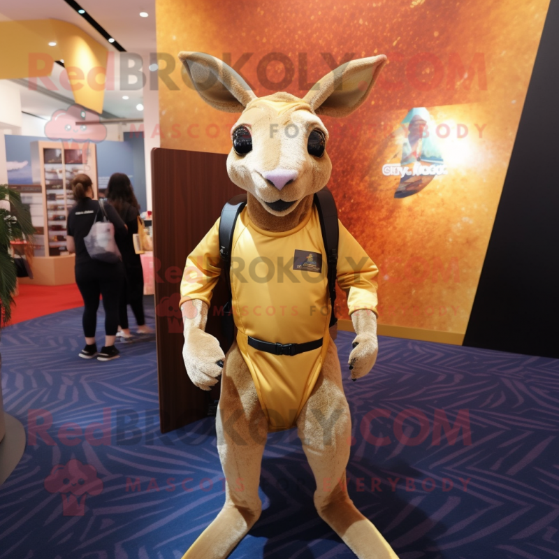 Gold Kangaroo mascot costume character dressed with a Sheath Dress and Backpacks Gold Kangaroo mascot costume character dressed with a Sheath Dress and Backpacks