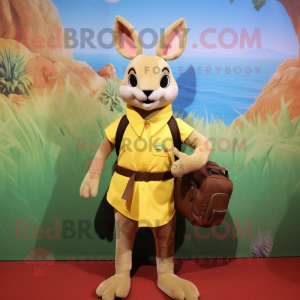 Gold Kangaroo mascot costume character dressed with a Sheath Dress and Backpacks