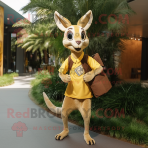 Gold Kangaroo mascot costume character dressed with a Sheath Dress and Backpacks