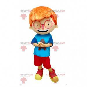 Mascotte de garçon aux cheveux roux avec de grosses lunettes -
