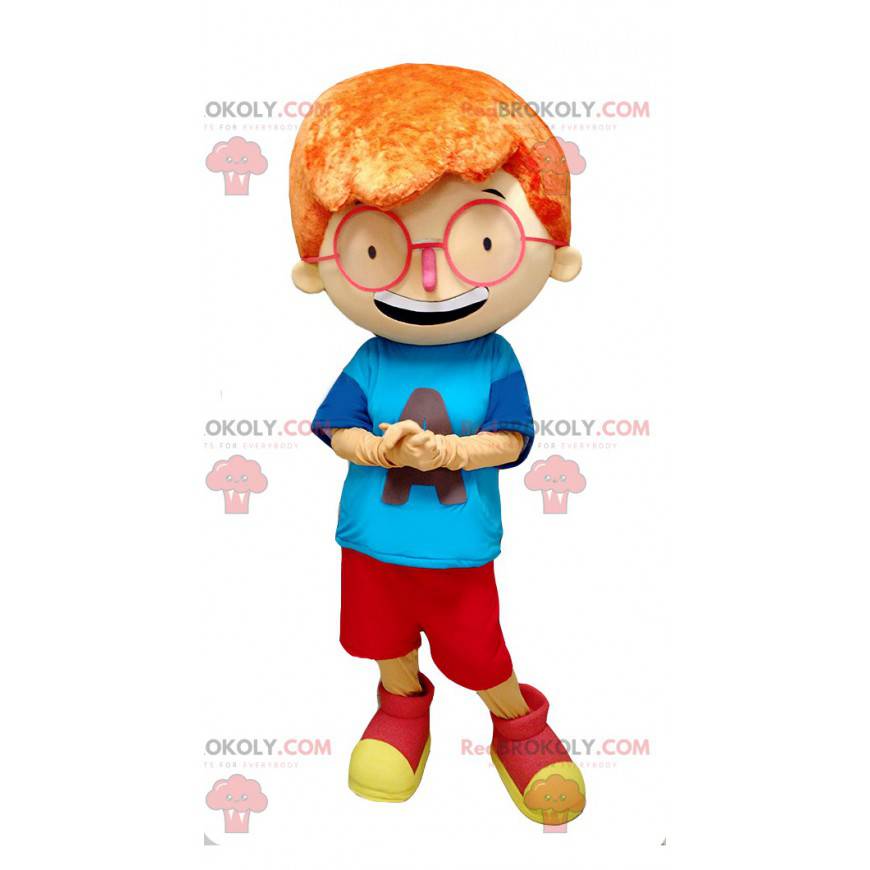 Mascotte ragazzo dai capelli rossi con grandi occhiali -