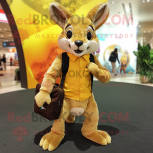 Gold Kangaroo mascot costume character dressed with a Sheath Dress and Backpacks