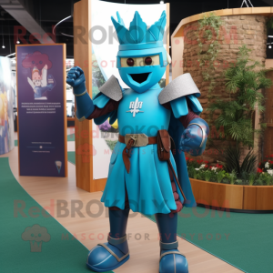 Teal Medieval Knight mascot costume character dressed with a Jacket and Anklets