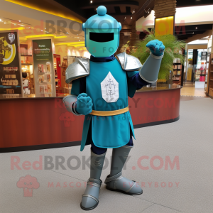 Teal Medieval Knight mascot costume character dressed with a Jacket and Anklets