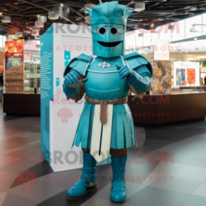 Teal Medieval Knight mascot costume character dressed with a Jacket and Anklets