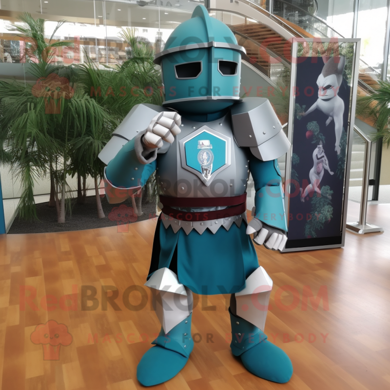 Teal Medieval Knight mascot costume character dressed with a Jacket and Anklets