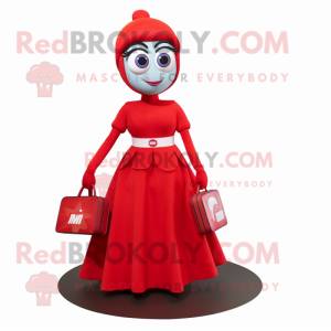 Red Momentum mascot costume character dressed with a Midi Dress and Handbags