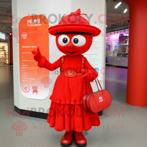 Red Momentum mascot costume character dressed with a Midi Dress and Handbags