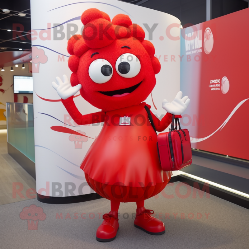 Red Momentum mascot costume character dressed with a Midi Dress and Handbags