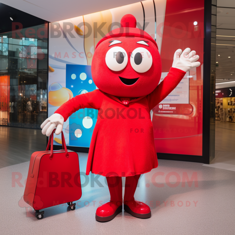 Red Momentum mascot costume character dressed with a Midi Dress and Handbags Red Momentum mascot costume character dressed with a Midi Dress and Handbags