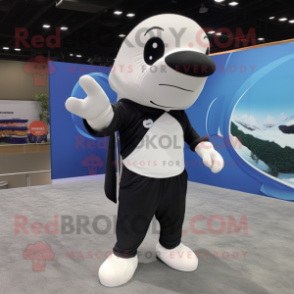 White Killer Whale mascot costume character dressed with a Overalls and Shoe laces