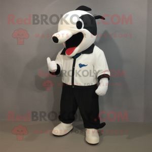 White Killer Whale mascot costume character dressed with a Overalls and Shoe laces