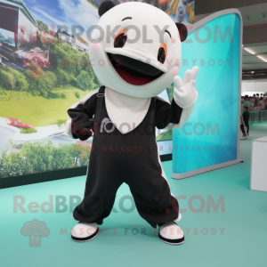 White Killer Whale mascot costume character dressed with a Overalls and Shoe laces