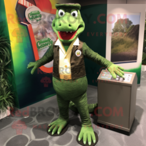 Forest Green Crocodile mascot costume character dressed with a Dress Shirt and Foot pads