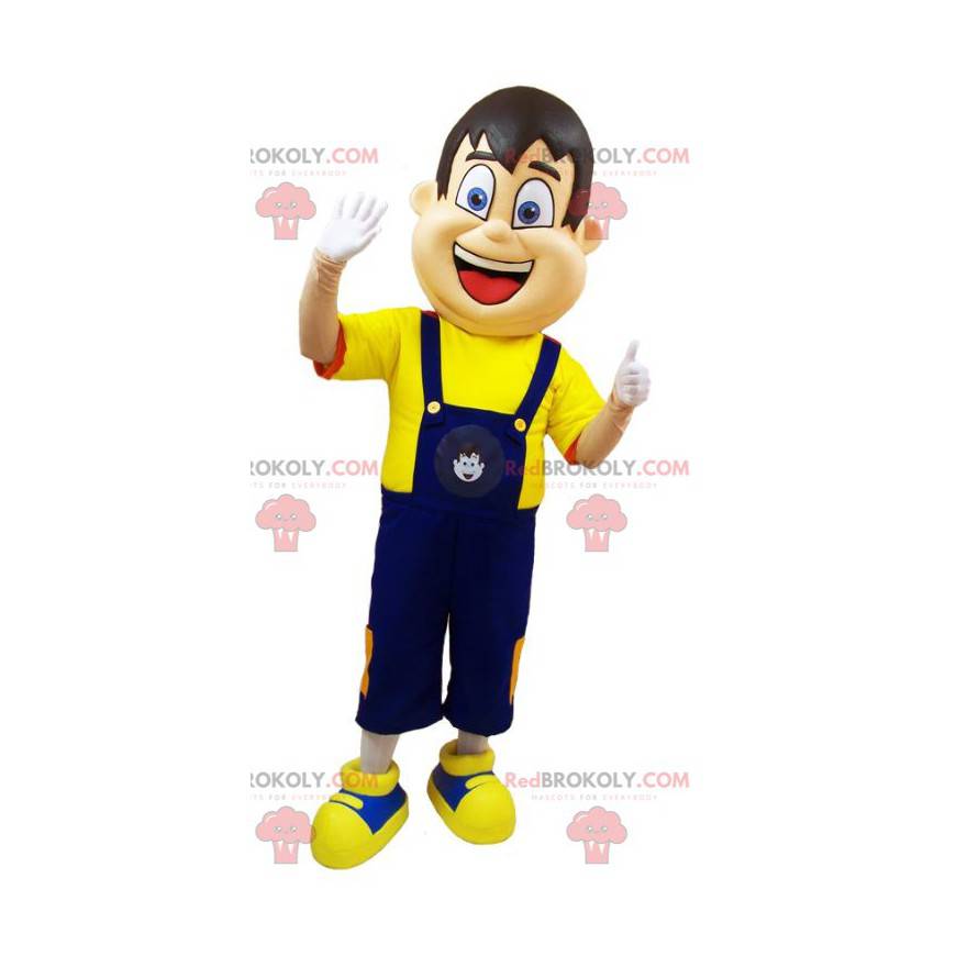 Homem mascote de macacão azul e camiseta amarela -