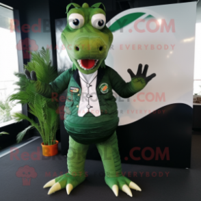 Forest Green Crocodile mascot costume character dressed with a Dress Shirt and Foot pads