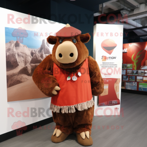 Rust Bison mascot costume character dressed with a Playsuit and Shawls