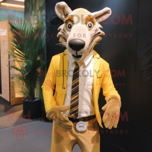 Gold Thylacosmilus mascot costume character dressed with a Trousers and Ties