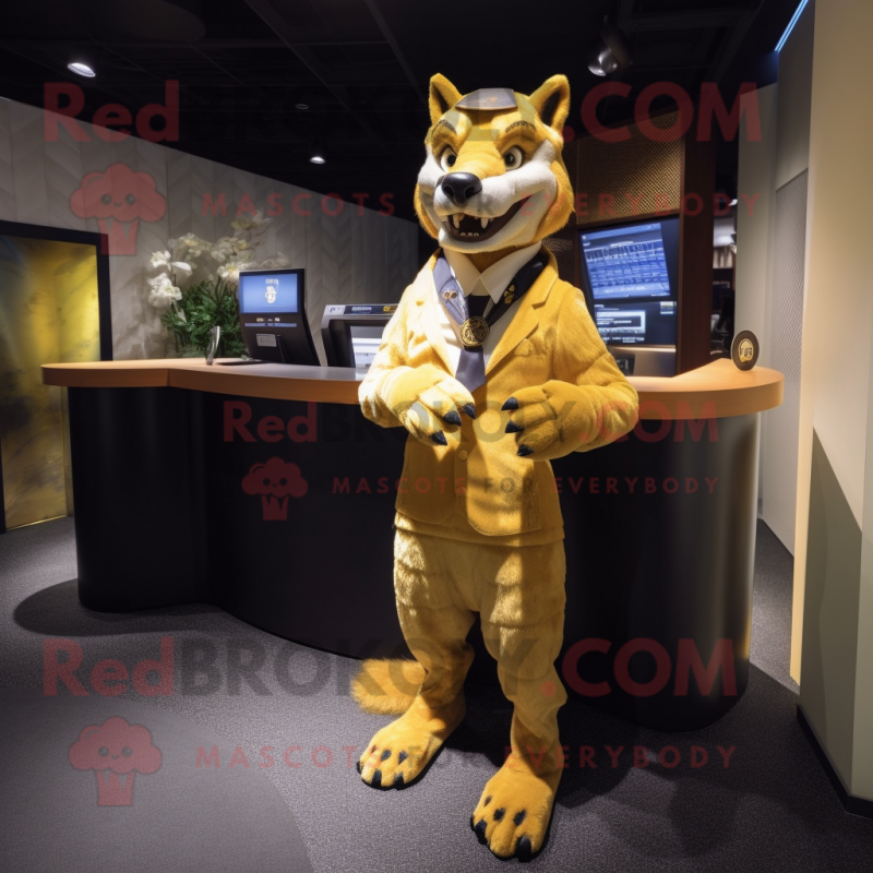 Gold Thylacosmilus mascot costume character dressed with a Trousers and Ties Gold Thylacosmilus mascot costume character dressed with a Trousers and Ties