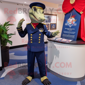 Navy Lizard mascot costume character dressed with a V-Neck Tee and Pocket squares