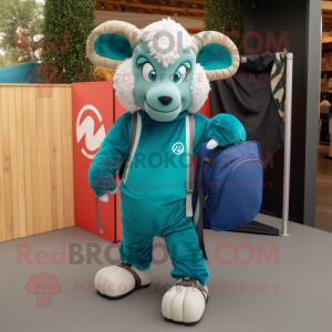 Teal Ram mascot costume character dressed with a Jumpsuit and Tote bags