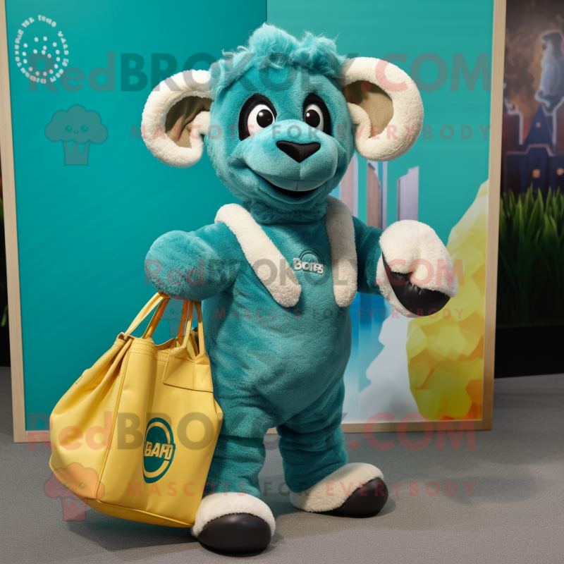 Teal Ram mascot costume character dressed with a Jumpsuit and Tote bags Teal Ram mascot costume character dressed with a Jumpsuit and Tote bags