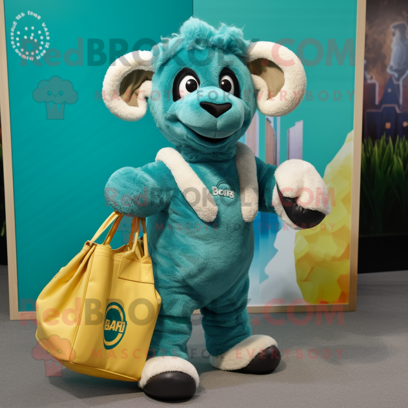 Teal Ram mascot costume character dressed with a Jumpsuit and Tote bags