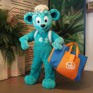 Teal Ram mascot costume character dressed with a Jumpsuit and Tote bags