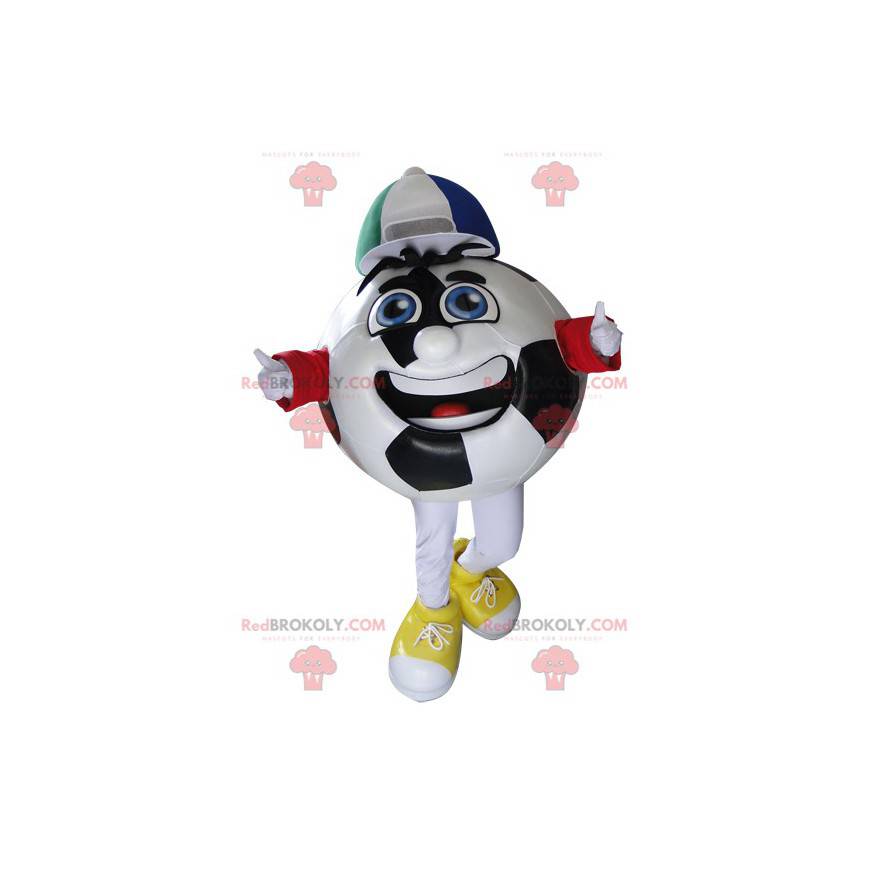 Black and white soccer ball mascot with a cap - Redbrokoly.com