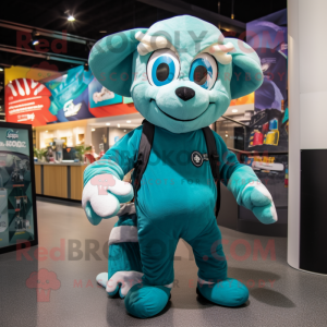 Teal Ram mascot costume character dressed with a Jumpsuit and Tote bags