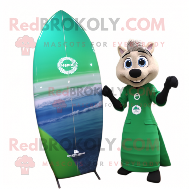 Forest Green Surfboard mascot costume character dressed with a Evening Gown and Watches Forest Green Surfboard mascot costume character dressed with a Evening Gown and Watches