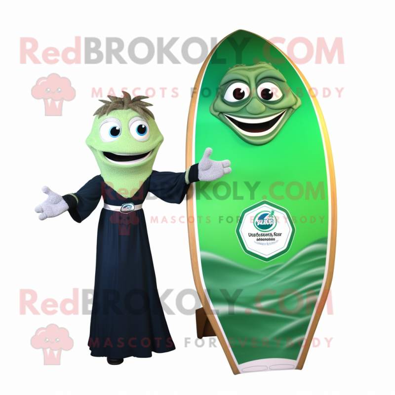 Forest Green Surfboard mascot costume character dressed with a Evening Gown and Watches Forest Green Surfboard mascot costume character dressed with a Evening Gown and Watches