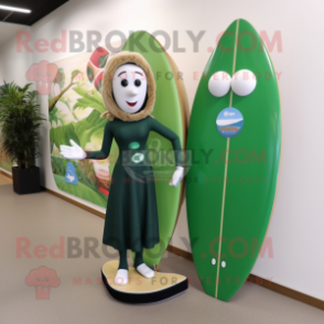Forest Green Surfboard mascot costume character dressed with a Evening Gown and Watches