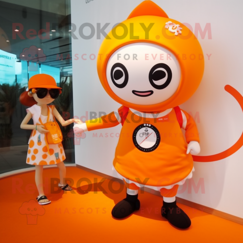 Orange Miso Soup mascot costume character dressed with a One-Piece Swimsuit and Bracelet watches Orange Miso Soup mascot costume character dressed with a One-Piece Swimsuit and Bracelet watches