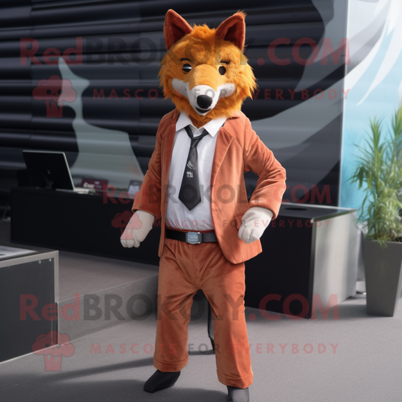 Rust Dingo mascot costume character dressed with a Blazer and Hair clips