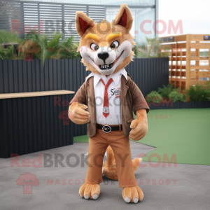 Rust Dingo mascot costume character dressed with a Blazer and Hair clips