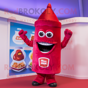 Magenta Bottle Of Ketchup mascot costume character dressed with a Bodysuit and Rings