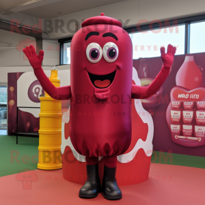 Magenta Bottle Of Ketchup mascot costume character dressed with a Bodysuit and Rings