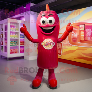 Magenta Bottle Of Ketchup mascot costume character dressed with a Bodysuit and Rings