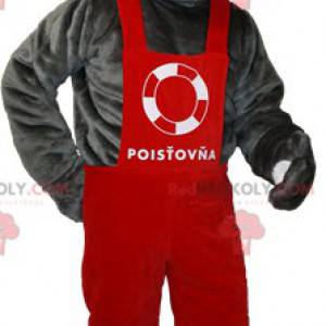 Gray teddy bear mascot in red overalls and cap - Redbrokoly.com