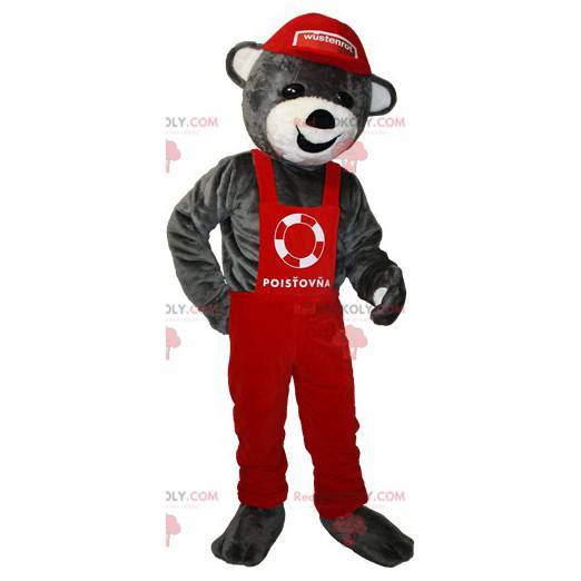 Gray teddy bear mascot in red overalls and cap - Redbrokoly.com