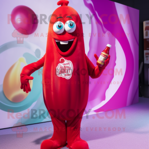Magenta Bottle Of Ketchup mascot costume character dressed with a Bodysuit and Rings