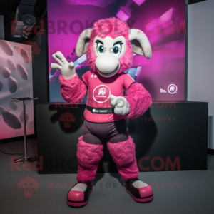 Magenta Ram mascot costume character dressed with a V-Neck Tee and Gloves