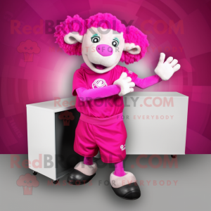 Magenta Ram mascot costume character dressed with a V-Neck Tee and Gloves