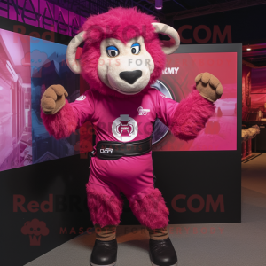 Magenta Ram mascot costume character dressed with a V-Neck Tee and Gloves