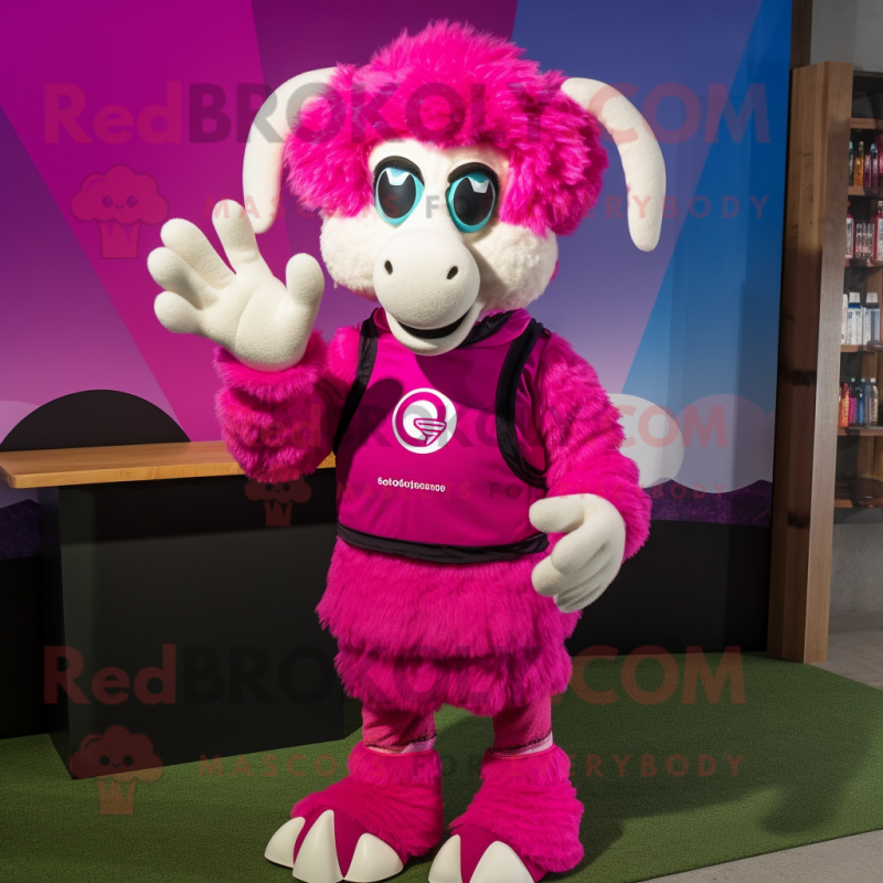 Magenta Ram mascot costume character dressed with a V-Neck Tee and Gloves