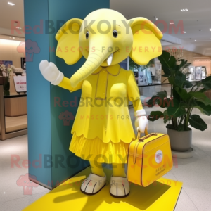 Lemon Yellow Elephant mascot costume character dressed with a Dress and Clutch bags