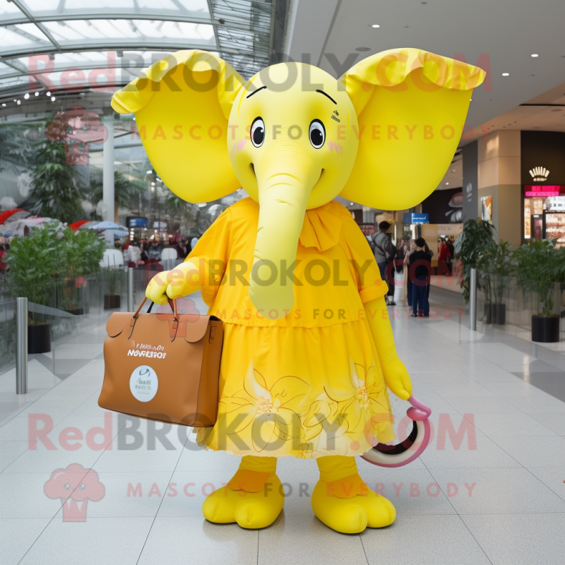 Lemon Yellow Elephant mascot costume character dressed with a Dress and Clutch bags