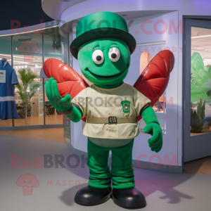 Green Lobster mascot costume character dressed with a Henley Shirt and Hats