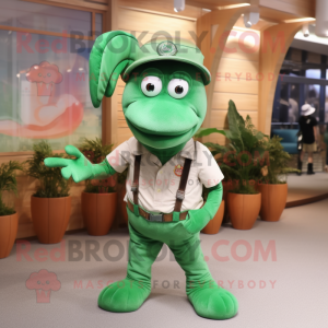 Green Lobster mascot costume character dressed with a Henley Shirt and Hats